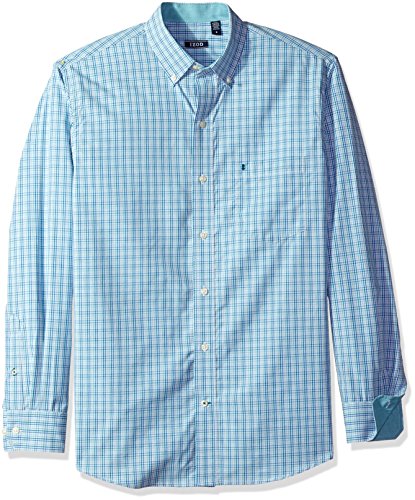 IZOD Men's Premium Performance Natural Stretch Tattersal Long Sleeve Shirt (Regular and Slim Fit), Small, SAXONY BLUE LEGACY
