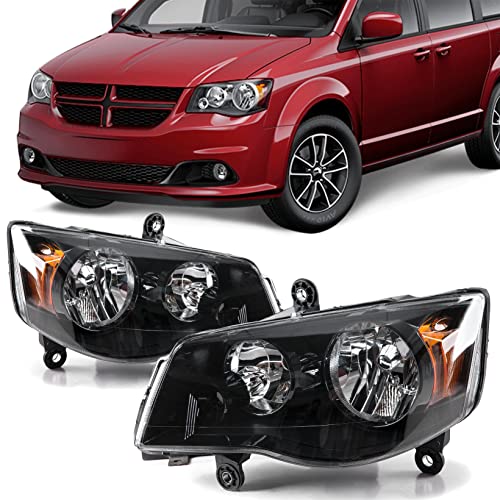 ECOTRIC Pair Black Housing Headlights Headlamps Compatible with 2011-2019 Dodge Grand Caravan 08-16 Chrysler Town & Country (Driver Passenger)