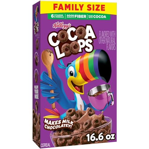 Kellogg's Cocoa Loops Breakfast Cereal, Good Source of Fiber, Made with Cocoa, Family Size, 16.6oz Box (1 Box)