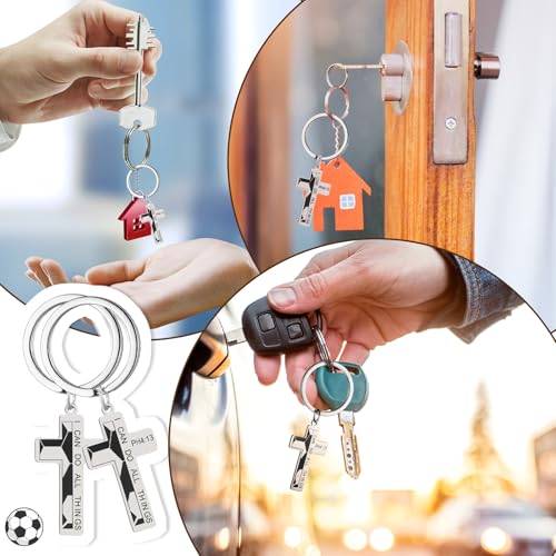 Image of Quelay 24 Sets Football Baseball Softball Christian Cross Keychain with Cards Metal Faith Gift for Teen Athletes