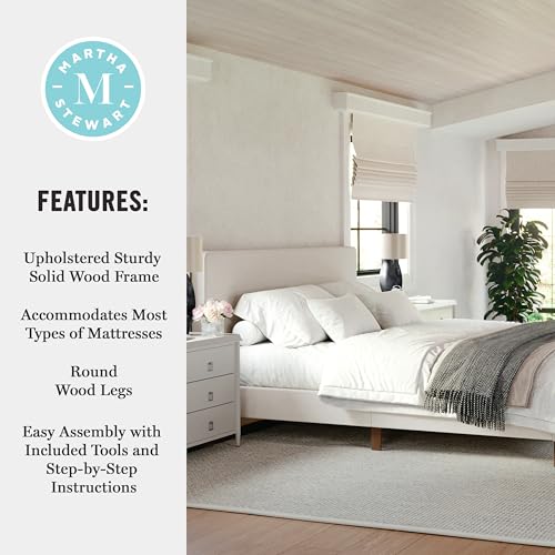 Image of Martha Stewart Britta Platform Bed with Headboard & Footboard, Faux Linen Upholstery with Piping Detail, Rounded Headboard, No Box Spring Needed, King, Beige