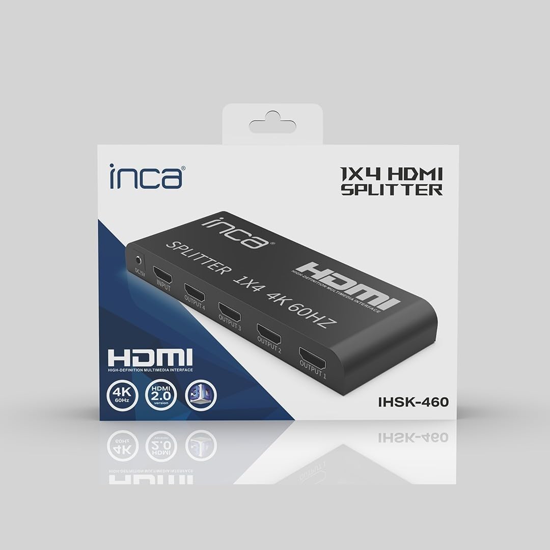 inca IHSK-460, HDMI Splitter, 1 In 4 Out 4K@60Hz, HDMI 2.0, HDCP 2.2, HDR & 3D, 1x4 Splitter, 4 Port für PS5, Xbox, Fire TV, Beamer