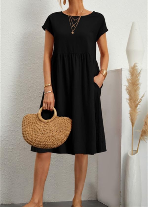 Image of BIRW Cotton Linen Dresses for Women 2025 Summer Casual A Line Flowy Dress Beach Vacation Midi Gauze Dress with Pockets