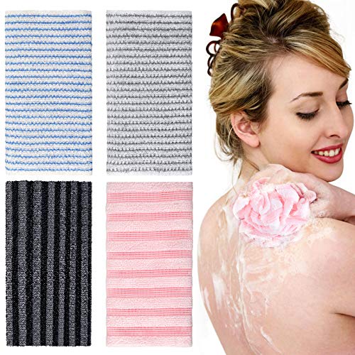 4 Pieces Exfoliating Back Scrubber Shower Washcloth Bath Wash Cloth Washcloth Exfoliating Back Towels for Women Men Body Cleaning and Massage, Pink, Blue, Black, Grey