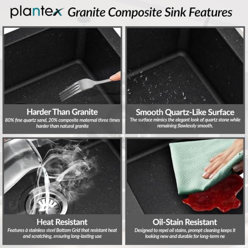 Image of Plantex Undermount Sink For Kitchen /Quartz Acrylic Kitchen Sink With 10 Years Warranty /Metalic Single Bowl Kitchen Sinks With Coupling (Siapan-24X18 Inches, Metallic, Black)