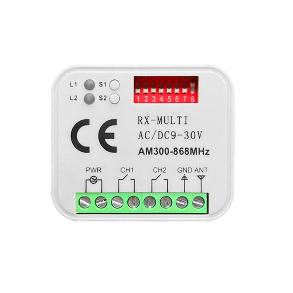Kopinma Garage Gate Remote Receiver, Universal RX Multi Frequency 300-868MHz Receiver 2CH 12V 24V Relay Module Garage Door Remote Control 433.92MHz 868MHz