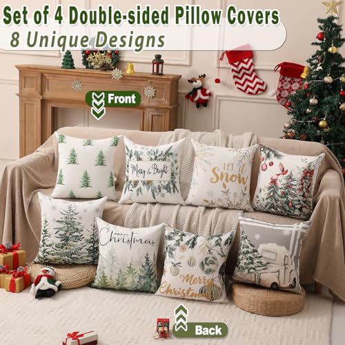 Double-Sided Print Christmas Pillow Covers 20"x20" Set of 4, 8 Cute Christmas Patterns, Tree, Merry Christmas, Truck, Merry & Bright, Let It Snow, Etc, Perfect for Home Decor