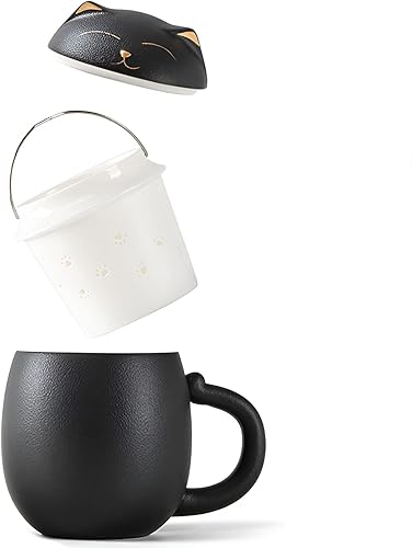 Miniatura 2 de DUANMUL Taza de café de cerámica con infusor y tapa, filtro para remojar hojas sueltas, posavasos kawaii, taza de té novedosa para la mañana, taza