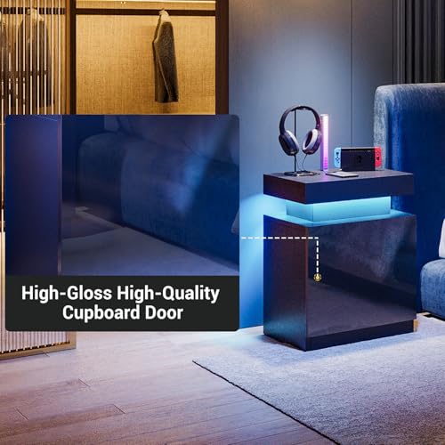 Oneinmil Nightstand Set Of 2, Led Nightstand With One Cabinet, Bedside Table With Led Lights, Modern End Side Table For Bedroom thumb #3