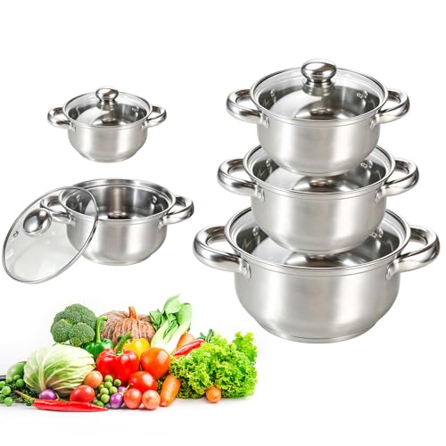 Kezidhp Cacerolas de Cocina Inducción, Ollas Cocina y Cazo Acero Inoxidable, Set de 5 piezas de acero inoxidable apto para todo tipo de cocinas, con tapas de vidrio, apto para horno y lavavajillas
