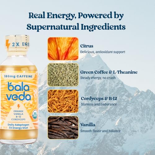 Image of balaveda Supersonic Citrus Organic Energy Shot, Orange Vanilla, 12 Pack | 180mg Clean Caffeine, Cordyceps, L-Theanine, Eleuthero, Vitamin B12, USDA Organic, 2oz Glass Bottles,