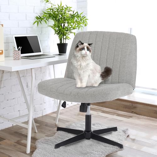 Image of DUMOS Criss Cross Chair No Wheel Legged Office Wide Comfy Desk Vanity Chair, Armless Computer Task Seating Comfy Fabric, Swivel Home Height Adjustable for Bedroom, Study, Grey No Wheel