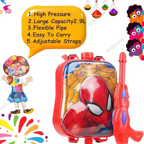 Image of GRAPHENE Red Holi Pichkari Water Gun for Kids 2.9 L Back Holding Water Tank Pichkari with100 Balloon High Pressure Backpack Spray Water Pistol Gun for Boy Girl