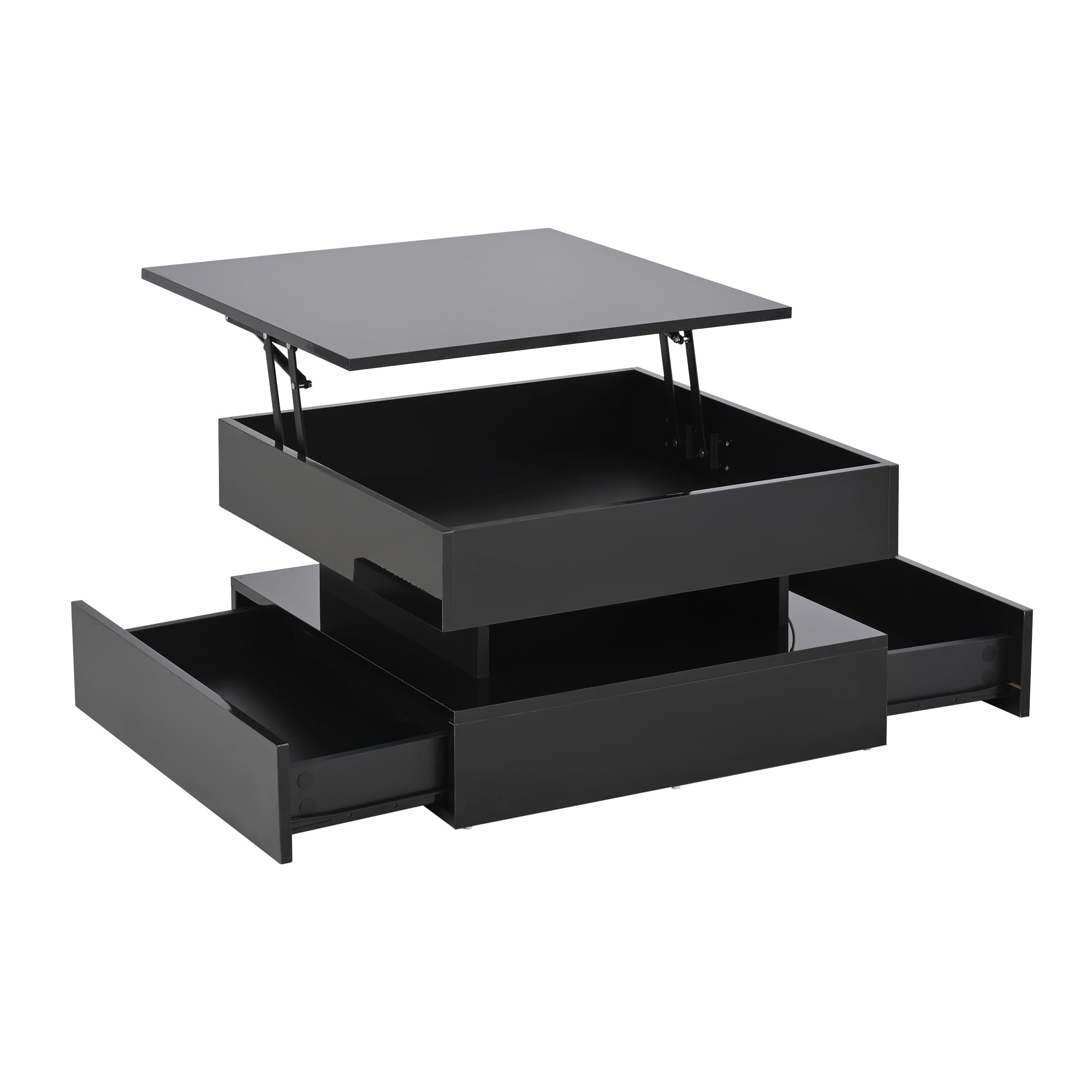 65 x 65 x 38,5 cm elevable mesa de salón auxiliar, mesa de centro brillante con barra de luz LED, mesa de sofá con 2 cajones, color negro