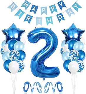 Unisun 1st Baby Boy Birthday Decorations, Blue Party Decoration Set with Happy Birthday Banners, White Blue Balloons Confetti Foil Balloons for First Birthday Party Supplies, Baby Shower Party