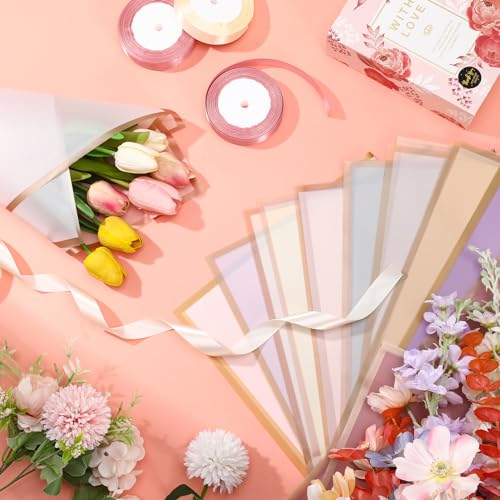 Hoemwarm 100 Sheets Color Flower Wrapping Paper Gold Edge Bouquet Accessories,23 Inch Florist Floral Bouquet Supplies Waterproof 4 Ribbons for Wedding Birthday Gift DIY Crafts - Thumbnail 6