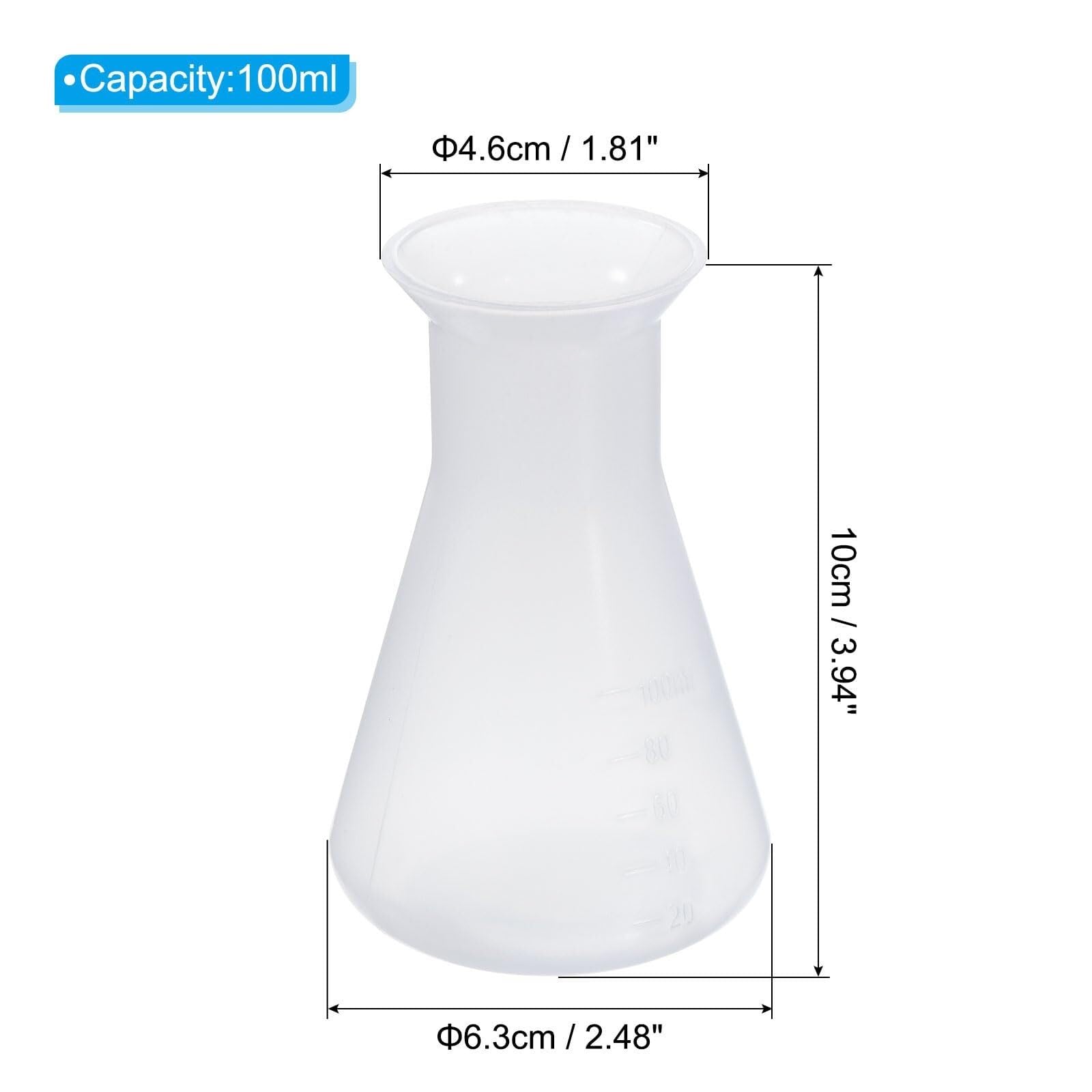 Matraz de Erlenmeyer de plástico 100ml - 2 Pack Matraz cónico de boca ancha para laboratorio, transparente(100ml)