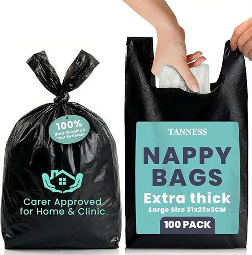Tanness Adult Nappy Bags 100 Pack Extra-Thick Disposable Sacks with Tie Handles Odour-Free and Discreet Black Sanitary Disposal Bags