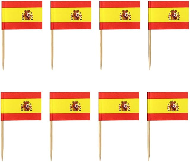 NUOBESTY 100pcs Spain Flag Spanish Cupcake Toppers Picks Mini Stick Toothpick Flags Cocktail Picks Desert Fruit Picks for World Country Sports Party Decorations