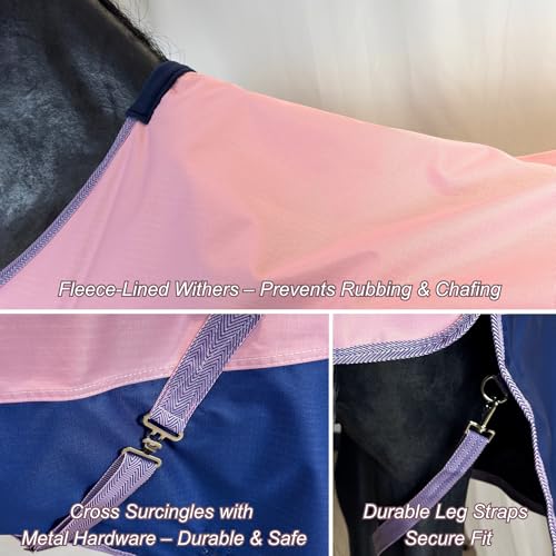 Image of BARN & STABLE 600Denier 3000mm /3000mvp Super Waterproof & Breathable Horse Blankets for Winter with 200g Fill (Pink /Blue, 78 Inch)