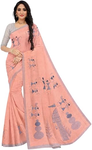 Peach Linen Saree with Tribal Print, Grey Border, Lightweight, Casual Wear