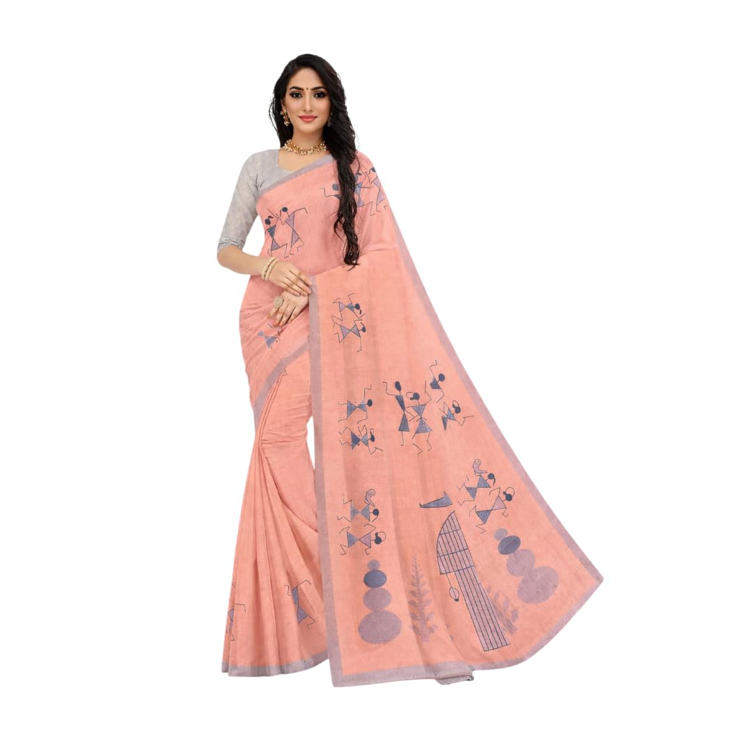 Peach Linen Saree with Tribal Print, Grey Border, Lightweight, Casual Wear - Review, Price and Buying Guide