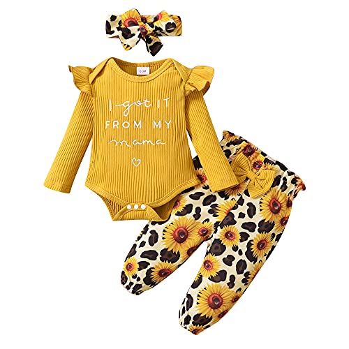 Image of OLLUISNEO 0-3 Months Baby Girl Clothes Infant Romper Outfits Ruffle Sleeve Top Leopard Pant Set Newborn Baby Clohtes for Girls