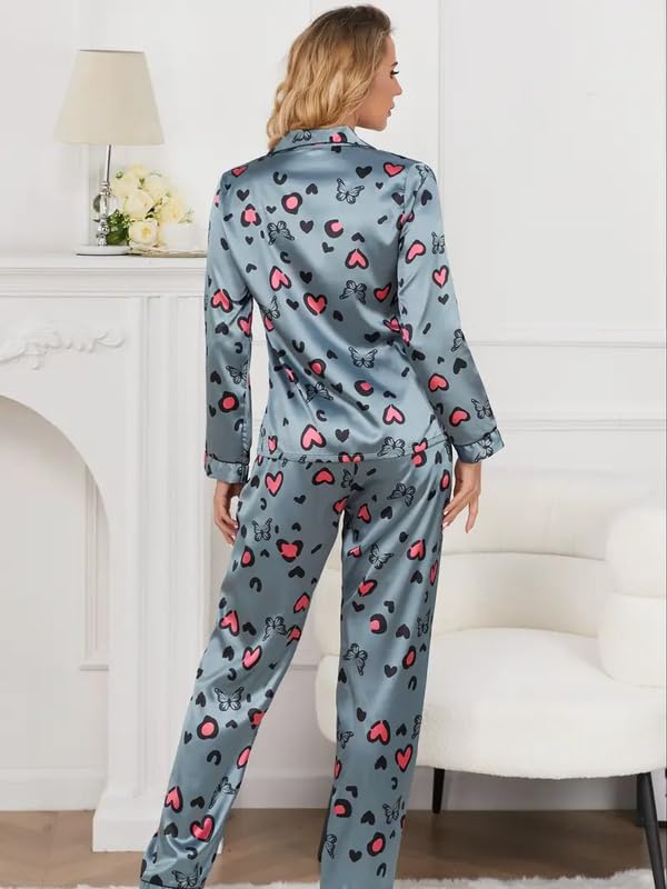 Image of Night Suit for Women with Full Sleeve Button-Down Top with Pant Dress for Woman, Cotton Night Dress for Woman, Two-Piece Loungewear Set