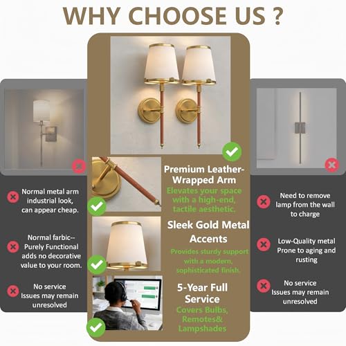 Image of DORESshop Battery Operated Wall Sconce Set of 2, Wireless Wall Light Easy to Install, 7 Color Rechargeable Wall Sconces, Sconce Wall Decor Set of 2 for Bedroom, Living Room, Gold and Leather, 18.7in