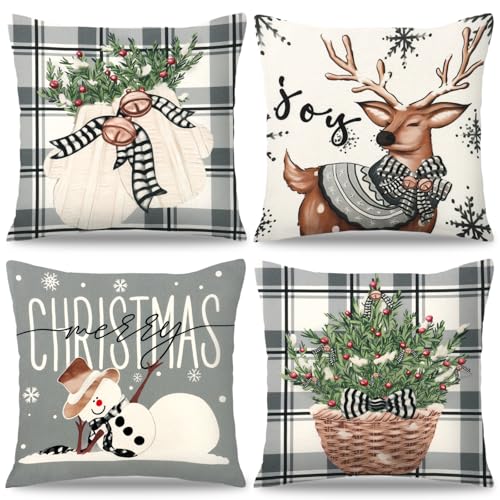 Weihnachten Kissenbezug 4er Set 45x45cm Grau Weiß Schneemann Rentier...