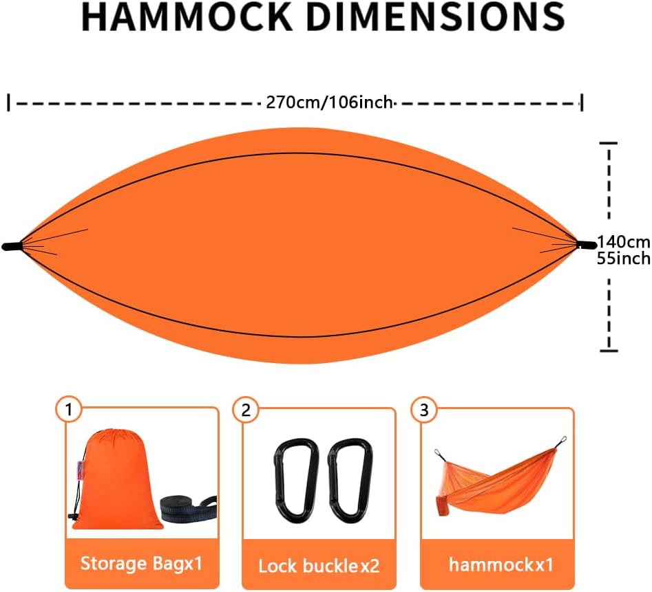 Camping Hammock, Portable Hammocks with Tree Straps & Attached Carry Bag, Travel Tree Hammocks for Outside Indoor Hiking Beach Backpack Travel(Orange, Polyester Pongee)