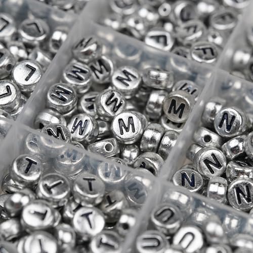 Image of 1450Pcs Silver Acrylic 4x7mm Round Letter Beads Kits Alphabet A-Z (Extra for Vowel Letter) and Number Beads for Bracelets Necklaces Jewelry Making (Silver, 4x7mm)