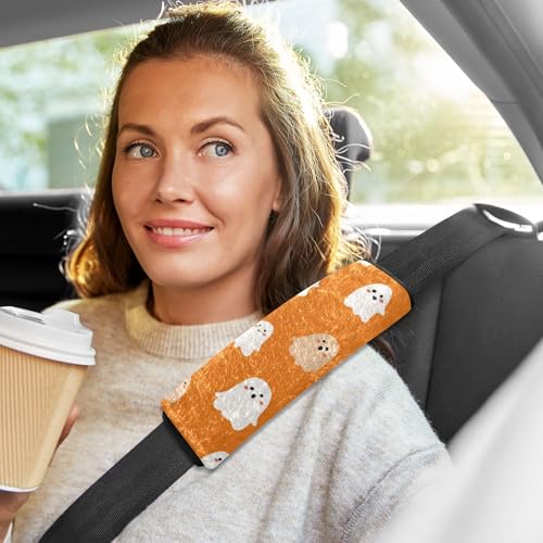Image of 2 Pack Seatbelt Covers Seat Belt Cover Pad for Adults Boys Girls Car Seat Strap Covers Pads Cushion Universal Shoulder Strap Pad Protector for Backpack Camera Bag 10x7.7Inch Halloween Ghosts Orange