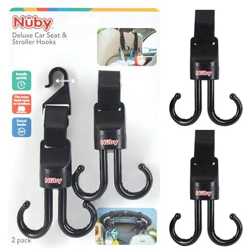 Image of Nuby 2-in-1 Deluxe Adjustable Baby Stroller & Car Seat Hooks for Hanging Bags, Toys- Hang or Remove Items from Hooks with one Hand/ 2 Pack – 8 Hooks Total, Black
