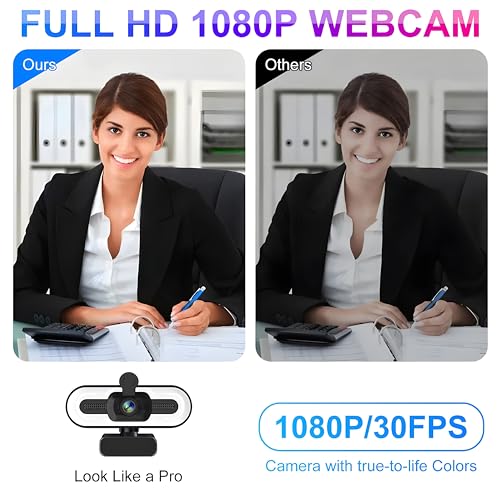 Image of Webcam Full HD 1080p with Built-in Microphone and 3 Colour LED Light, XVersion USB Plug & Play Web camera for PC /Laptop /Streaming /Meetings / 360 Degree Rotation, 1 Year Manufacturer Warranty - Black