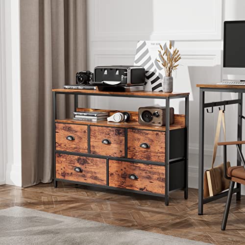Furologee Console Sofa Table, Tv Stand Console Table With Shelves, Dresser With 5 Fabric Drawers Closet Storage Organizer For Bedroom/Living Room/Entryway/Hallway, Rustic Brown #TOP6