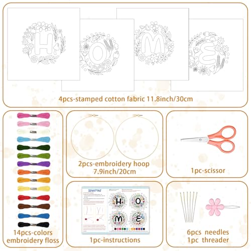 Image of BEUNITONE 4 Set Embroidery Kit for Beginners, DIY Home Theme Pre-Stamped Pattern Needlepoint Kits for Adults with Hoop and Instruction, Funny Hand Embroidery Patterns for Cloth and Home Decor