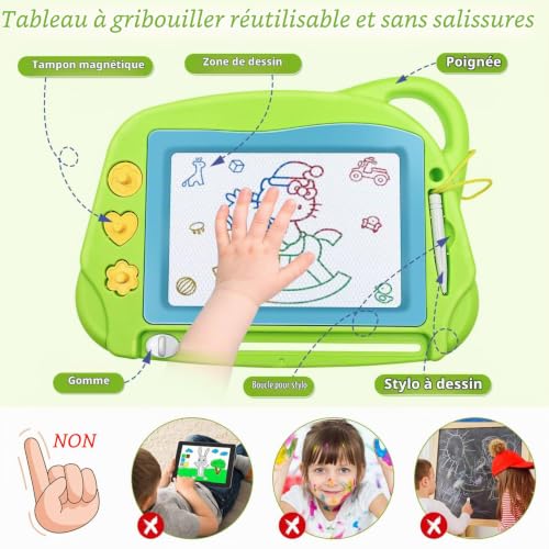 AiTuiTui Ardoise Magique Tableau Dessin Magnetique, 4 Couleurs Effaçable Planche à Dessin Magnétique avec 3 tampons Jouets éducatifs pour Les Enfants 3 4 5 Ans – vue 2