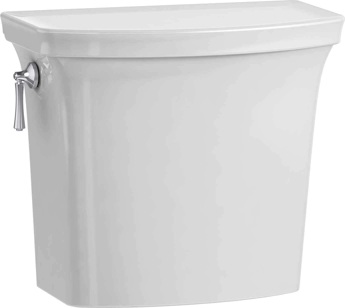Přední view of the KOHLER Corbelle toilet tank in Ice Gray with a left-hand trip lever.