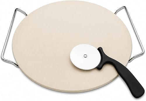 Sulfar Pizza Stone Set with Serving Rack and Wheel Pizza Cutter, 13 inch Ceramic Baking Stone for Oven and Grill, Indoor and Outdoor BBQ, FDA-Safe