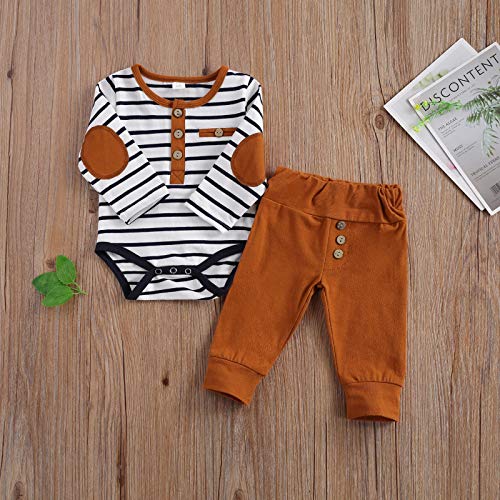 2Pcs/Set Newborn Baby Boys Outfit Long Sleeve Striped Bodysuit Romper Solid Pants Fall Winter Clothes (Khaki, 3-6 Months) #TOP2