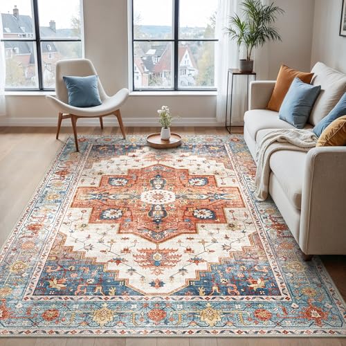 BEIMO Alfombra Salón de Pelo Corto Vintage, Alfombra Dormitorio, Alfombras Antideslizantes Lavables, Alfombras Persas para Habitación, Escalera, Rojo-Naranja, 120x170cm