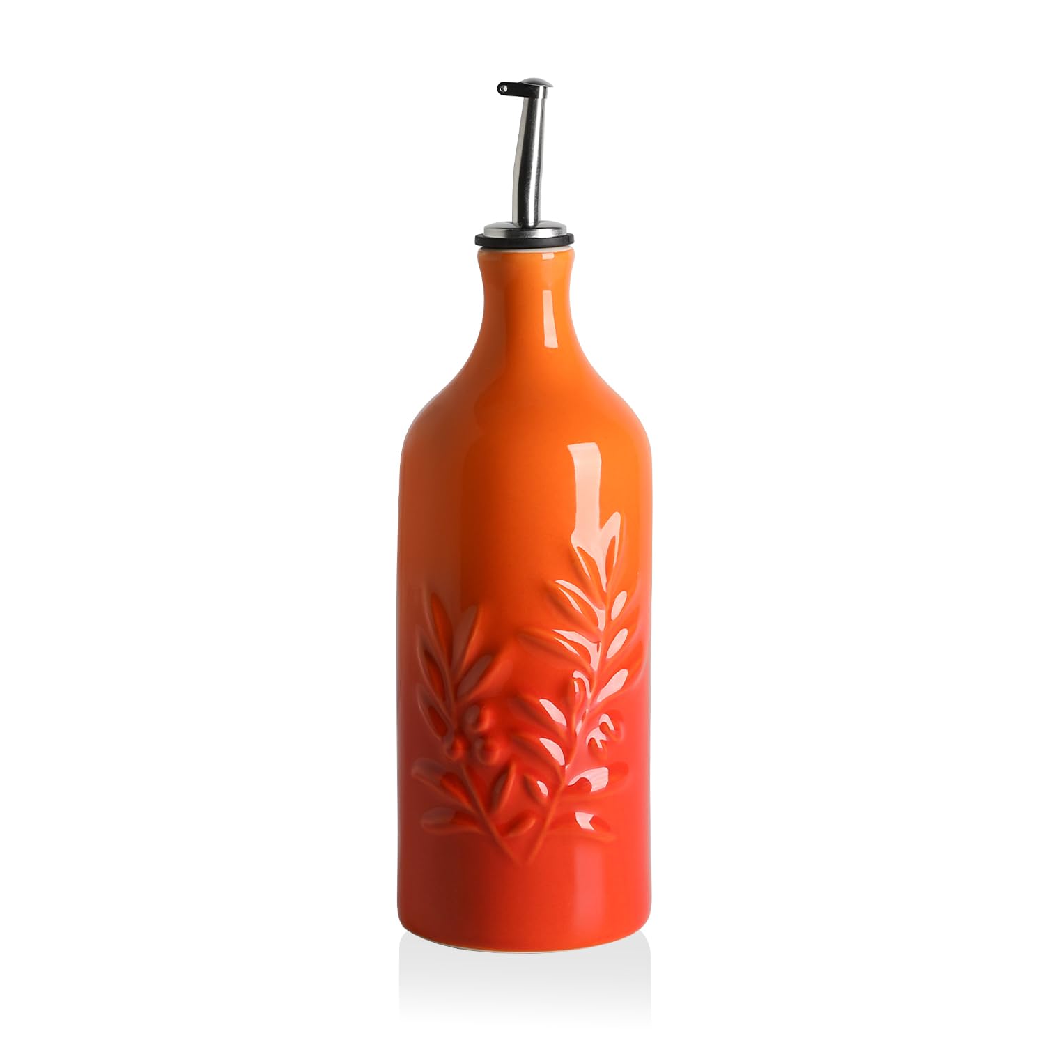 Sweejar Ceramic Olive Oil Dispenser Bottle, 20 Oz Relief Opaque Oil Cruet Protects To Reduce Oxidation, Suitable for Storage Soy Sauce, Coffee Syrup, Liquids, Set of 1 (Gradient Orange)