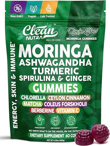 Clean Nutra Moringa Gummies | Pure Moringa Powder Supplement + Ashwagandha Turmeric Spirulina & Ginger Energy, Skin, Immune & Gut Health Green Superfood – Moringa Capsules Alternative
