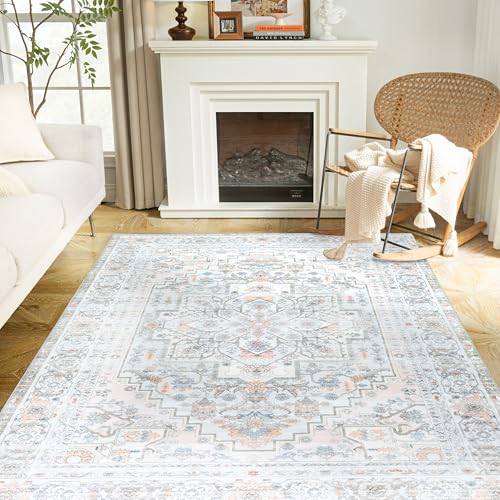 DriftAway Area Rug 5x7 Washable Rugs for Living Room Non Slip Rubber Backing Low Pile Non Shedding Carpet Friendly Boho Foldable Vintage Rugs for Bedroom Dining Room Pink
