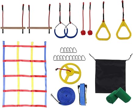 Ninja Warrior Obstacle Course Weather Resistant 2X50 Ninja Slackline Kit Climbing Rope Swing, Aerial Swing Swing, Ninja Wheel, Webbing Ladder for Kids