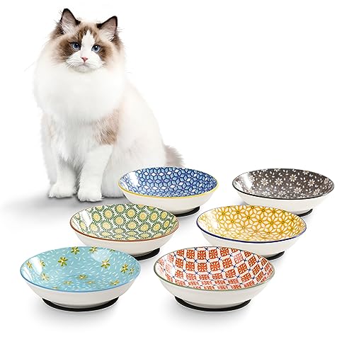 Napf Katze Keramik Katzen Futternapf - Blumenserie Bunte Katzennäpfe 6er Set - Katzenfutter Napfset mit Rutschfester Matte - Katzennapf Flach - Fressnapf Katze - Katzenteller - Katzenschüssel - 250 ml