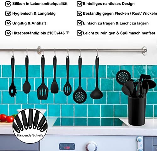 Homikit Silikon Küchenhelfer Set, 12 Stück Schwarz Kochutensilien Kochgeschirr, Hitzebeständiger Kochbesteck Set mit Utensilienhalter, Gesund & Antihaft, Spülmaschinengeeignet