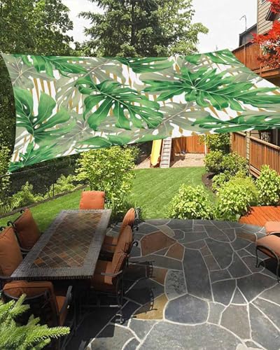 Boanket Sun Shade Sail 14' x 18', Green Botanical Large Heavy Duty Outdoor Shades Sun Screen, Summer Tropical Plants Yellow Striped Shade Cloth for Patio Deck Terrace Garden Lawns Beach Backyard