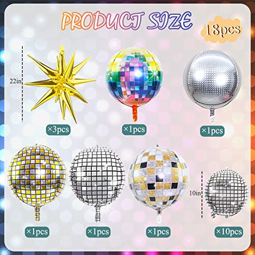 Disco Ball Balloons- 18Pcs Large Disco Balloons 22” 10 Inch Mixed 4D Round Metallic Disco Mylar Balloons Gold Exploding Star Balloons For 70S 80S 90S Casino Disco Themed Birthday Dancing Party Decor #TOP3